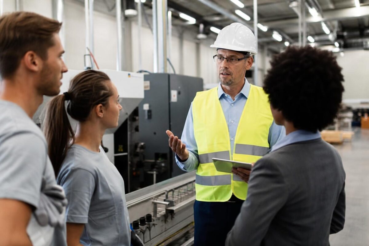 Menedżer na hali produkcyjnej analizujący proces pracy z pracownikami i tabletem