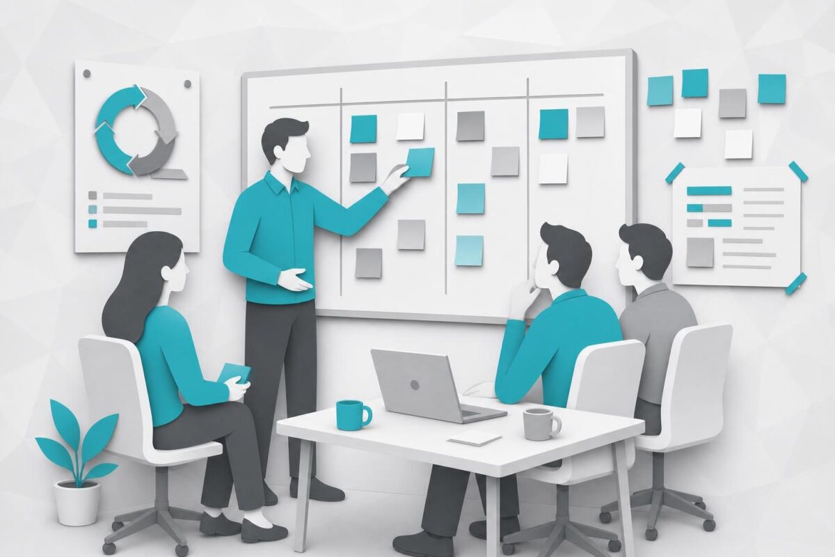 Scrum Master analizujący tablicę zespołu po szkoleniu i planujący pierwsze zmiany we wdrożeniu