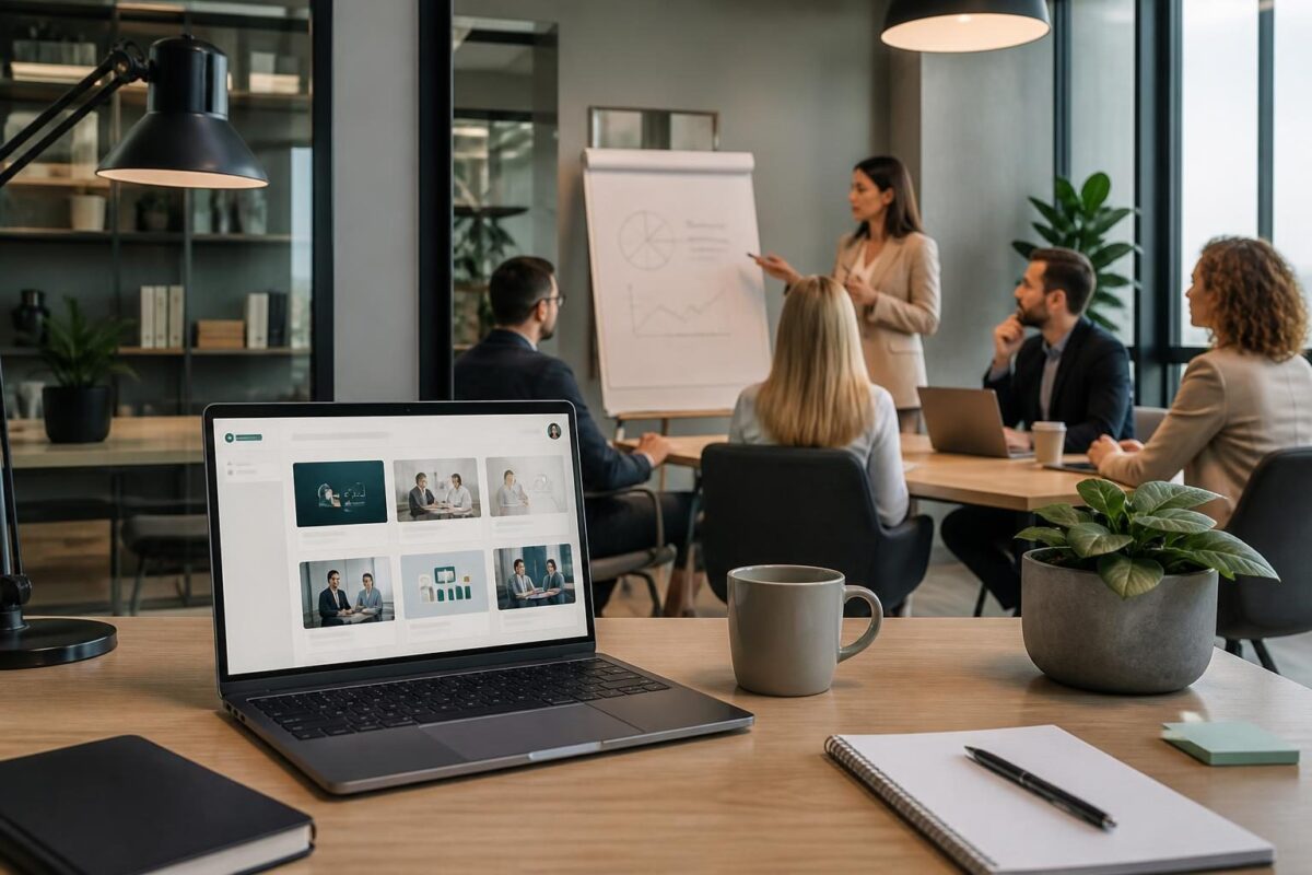 Liderzy i pracownicy HR porównują szkolenie online i stacjonarne przy laptopie i sali szkoleniowej
